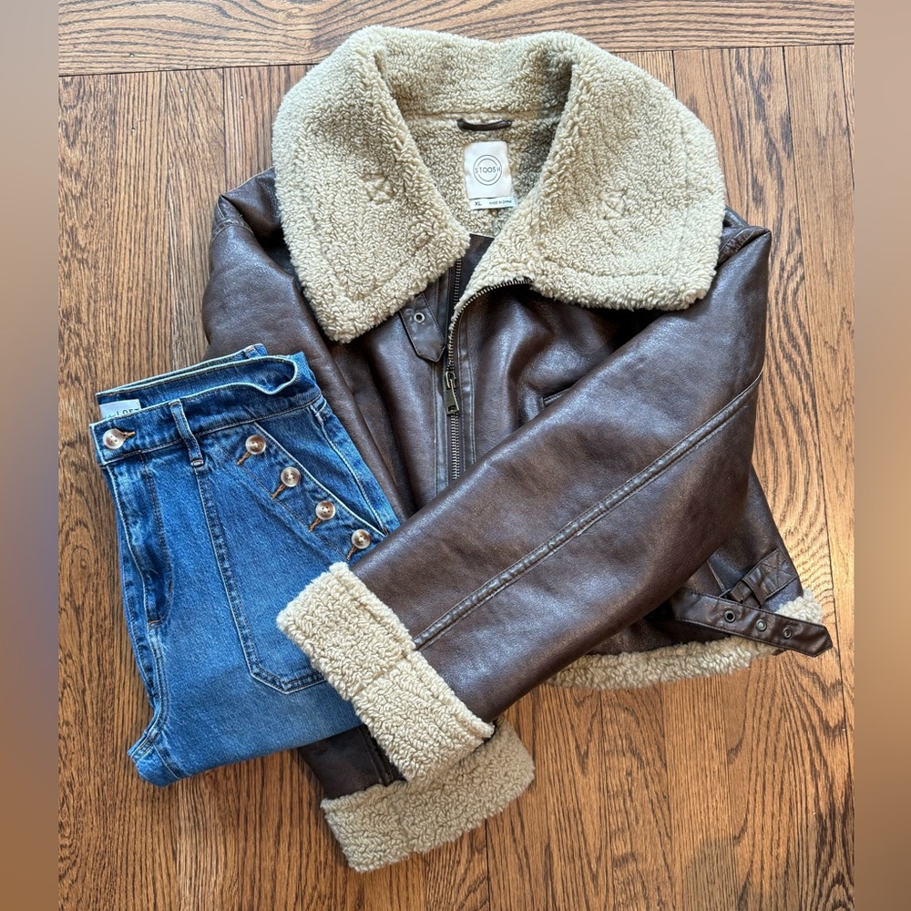 Stoosh Faux Leather Shearling Aviator Bomber Jacket – Size XL